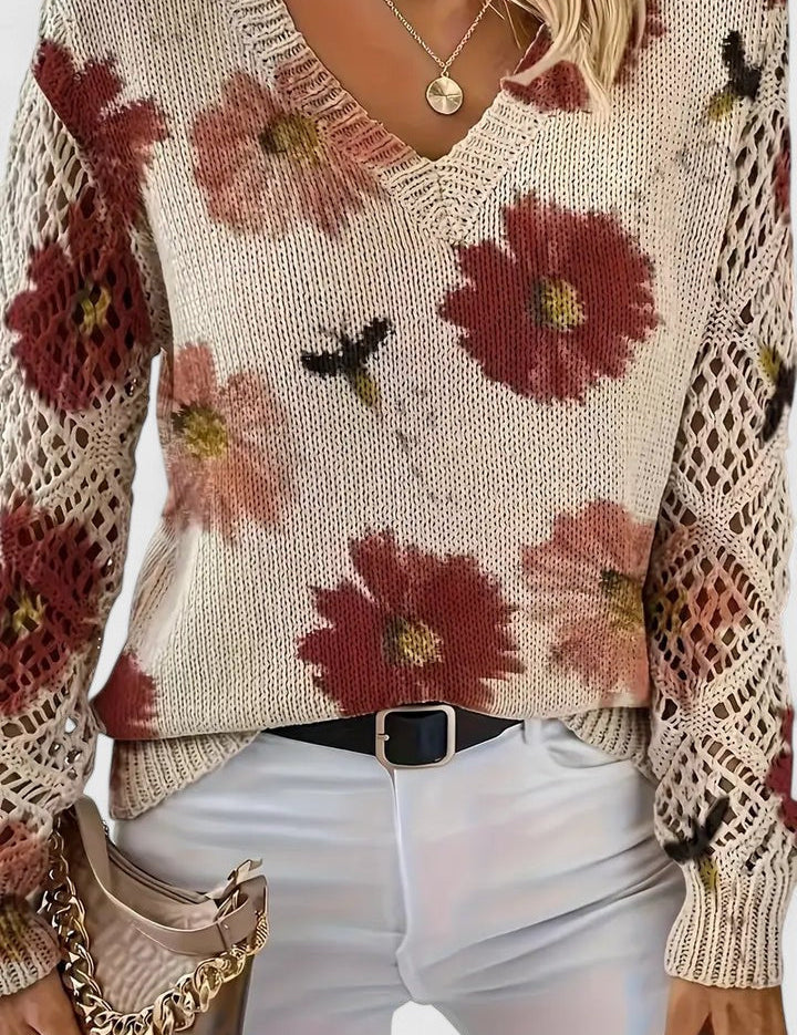Anneke | Pullover mit Blumenmuster und Häkelärmeln 2