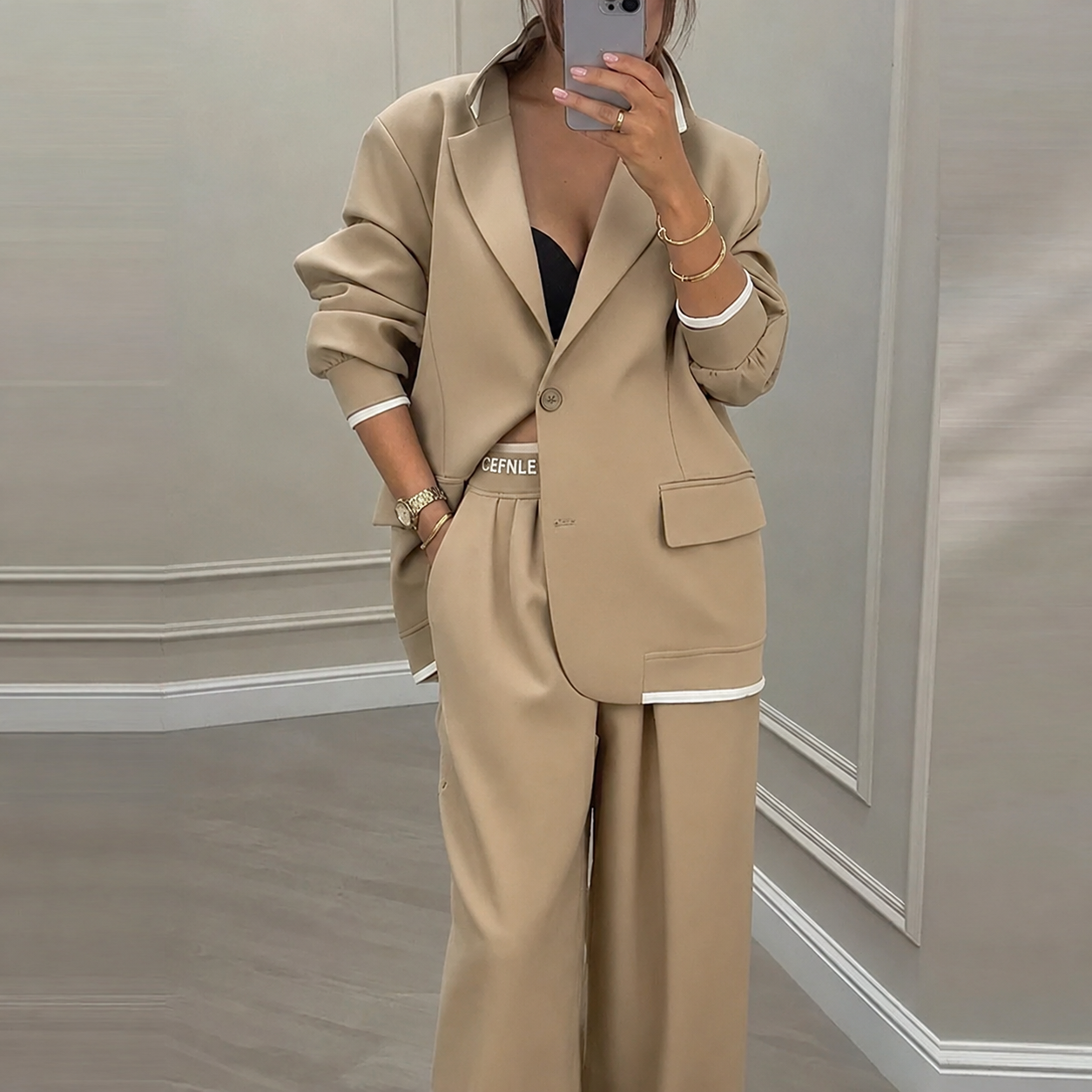 Elegancki Damski Komplet Z Marynarką I Szerokimi Spodniami - Nowoczesny Styl, Dres Damski Komplet