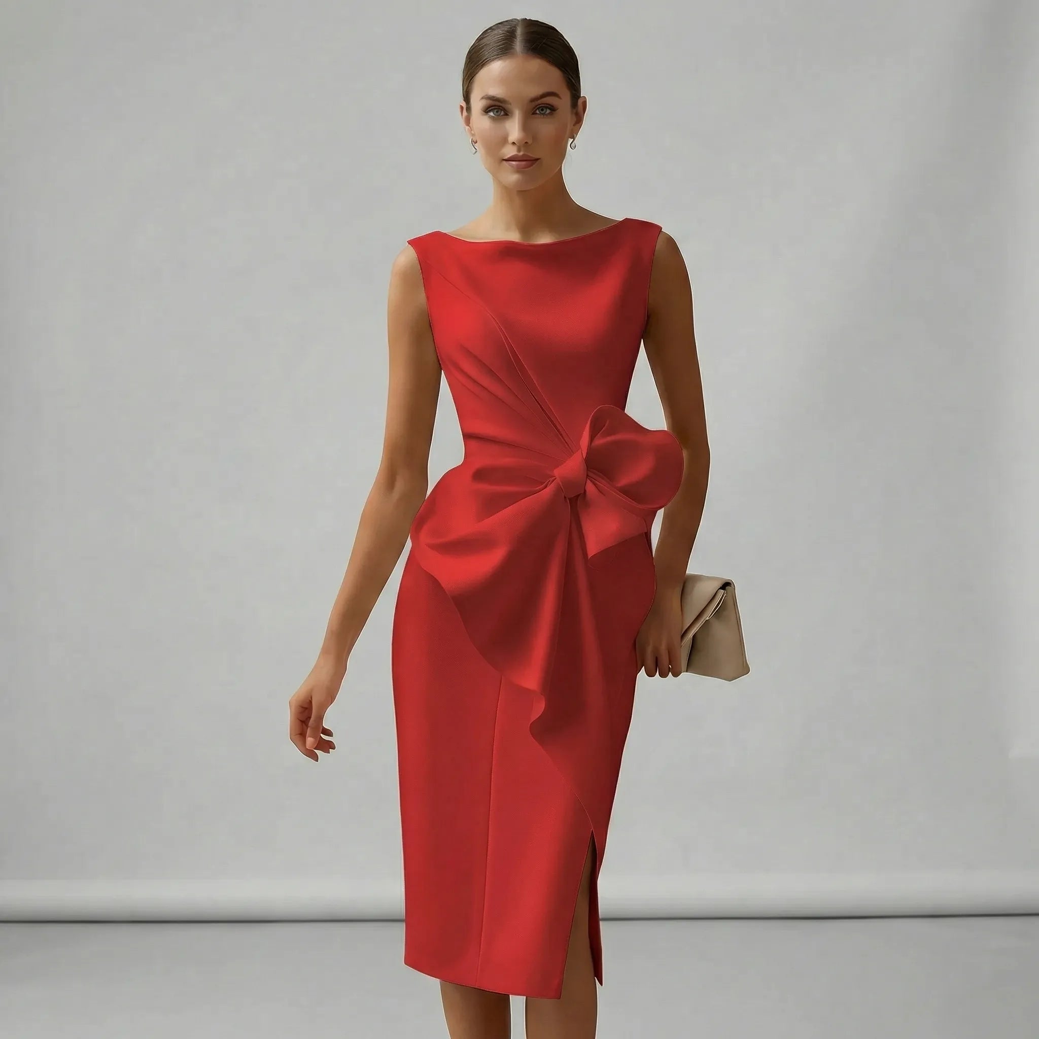 Czarna Sukienka Koktajlowa Midi Bez Rękawów z Kokardą, Elegancka Sukienka na Wesele i Przyjęcia 6