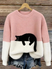 Damen Oversized Pullover mit Farbblockdesign und Katzenmotiv 1