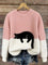 Damen Oversized Pullover mit Farbblockdesign und Katzenmotiv 1