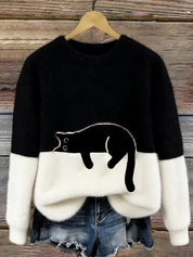 Damen Oversized Pullover mit Farbblockdesign und Katzenmotiv 4