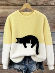 Damen Oversized Pullover mit Farbblockdesign und Katzenmotiv 6