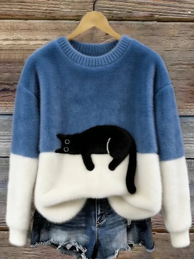 Damen Oversized Pullover mit Farbblockdesign und Katzenmotiv 7