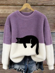 Damen Oversized Pullover mit Farbblockdesign und Katzenmotiv 9