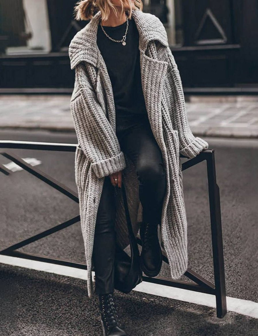 Damski Sweter Oversize z Grubej Dzianiny z Guzikami i Klapami na Jesień i Zimę 0