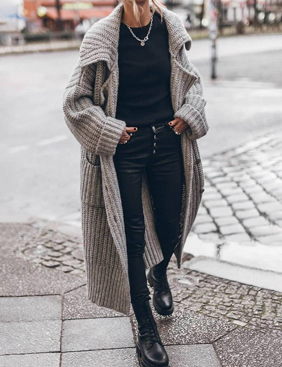 Damski Sweter Oversize z Grubej Dzianiny z Guzikami i Klapami na Jesień i Zimę 1