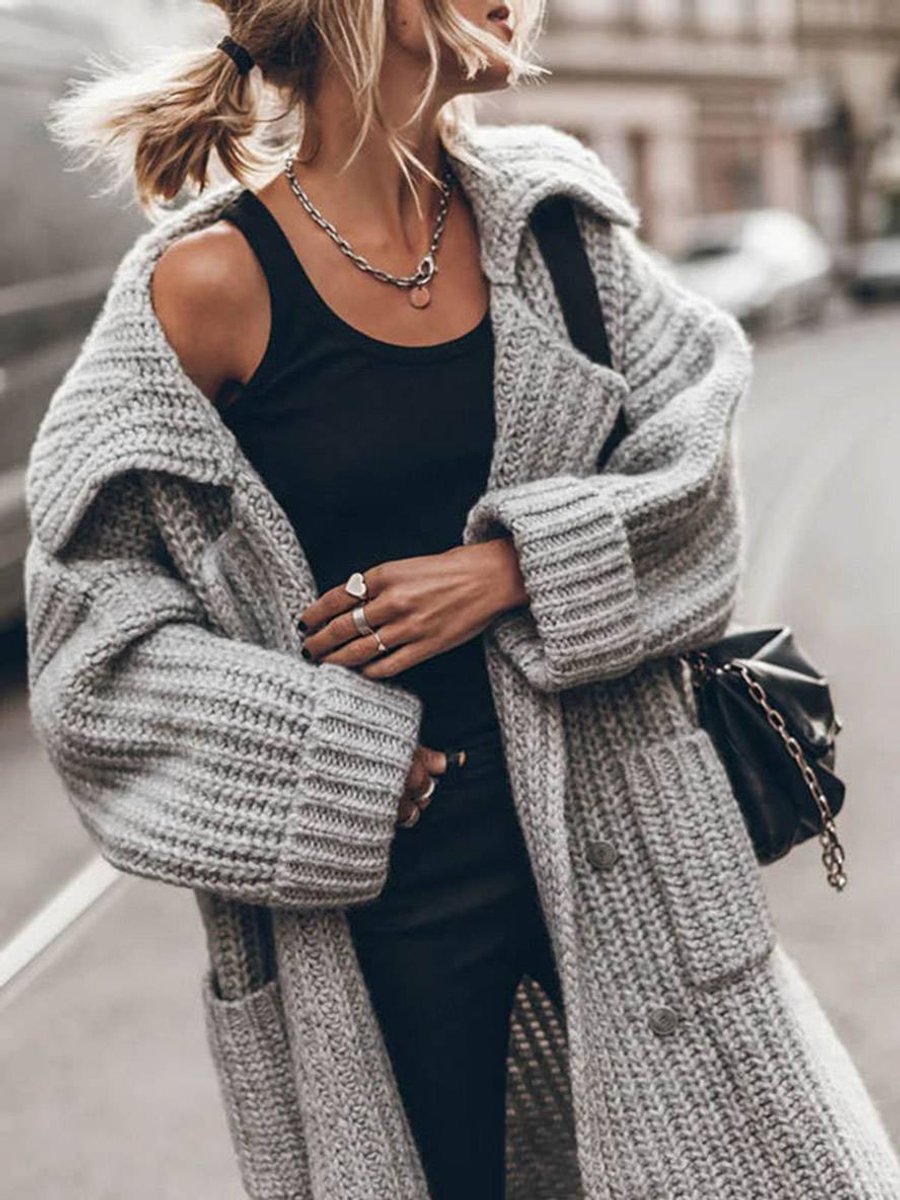 Damski Sweter Oversize z Grubej Dzianiny z Guzikami i Klapami na Jesień i Zimę 3