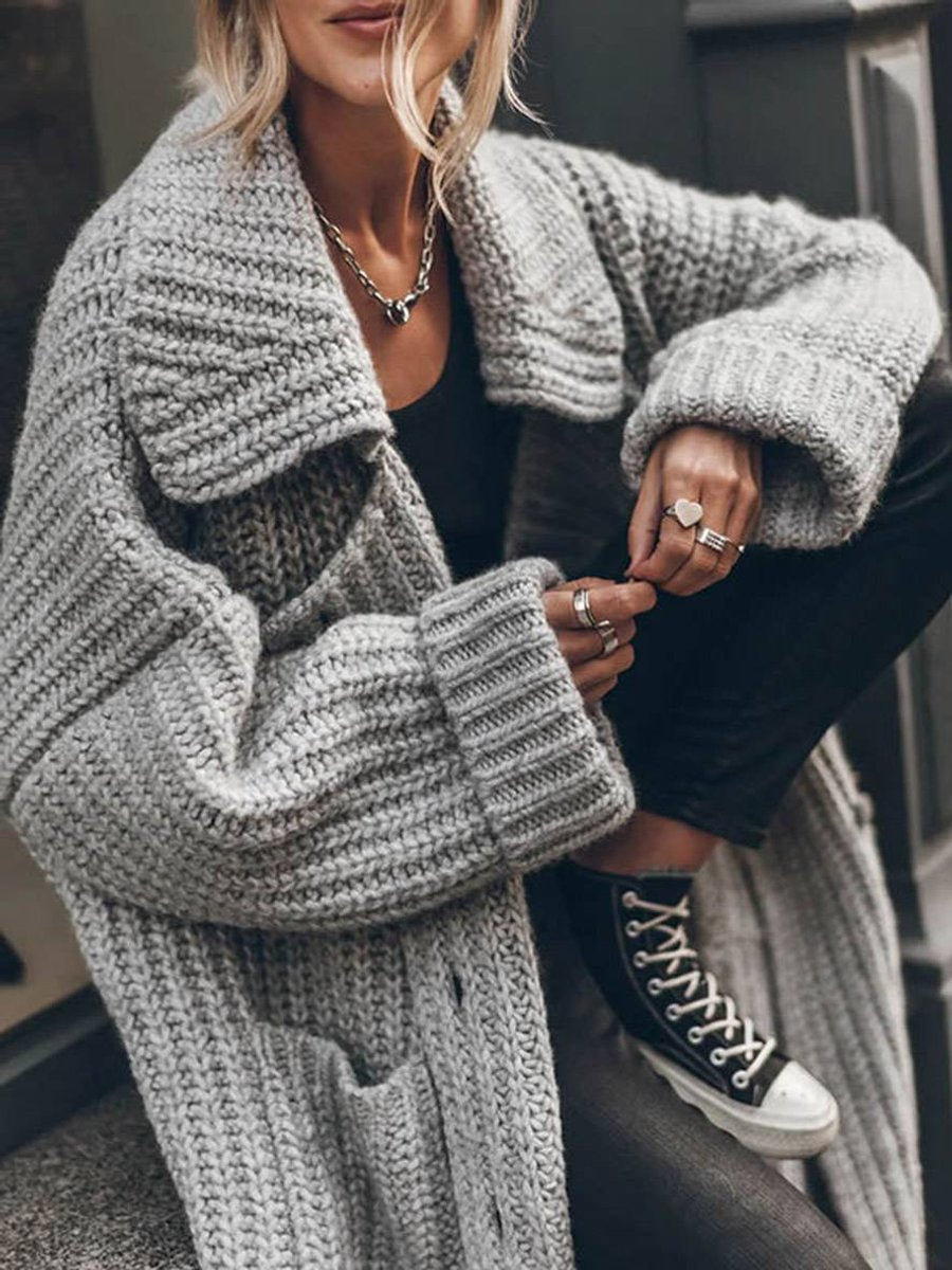 Damski Sweter Oversize z Grubej Dzianiny z Guzikami i Klapami na Jesień i Zimę 4