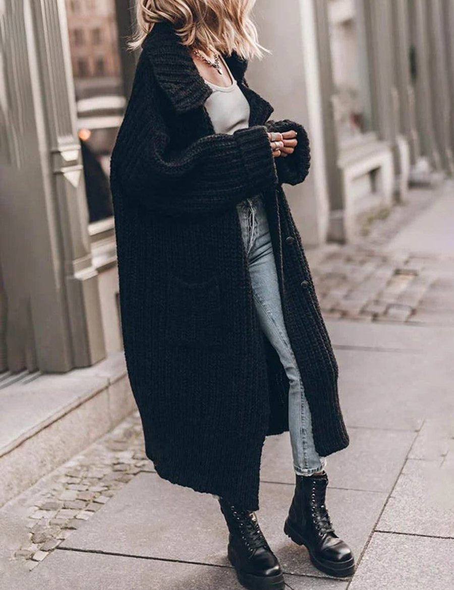 Damski Sweter Oversize z Grubej Dzianiny z Guzikami i Klapami na Jesień i Zimę 5