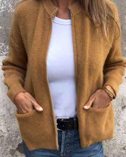 Damski dzianinowy kardigan z zamkiem i kieszeniami, luźny krój, casual i biurowy styl 2