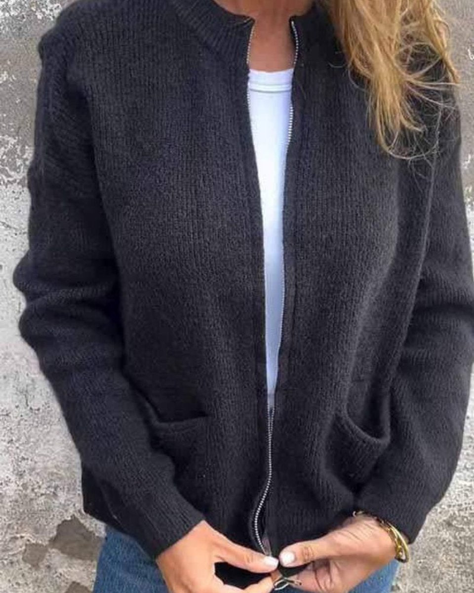 Damski dzianinowy kardigan z zamkiem i kieszeniami, luźny krój, casual i biurowy styl 4