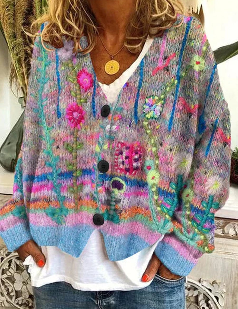 Damski kardigan w kwiaty z guzikami w stylu retro – kolorowy, luźny krój 0