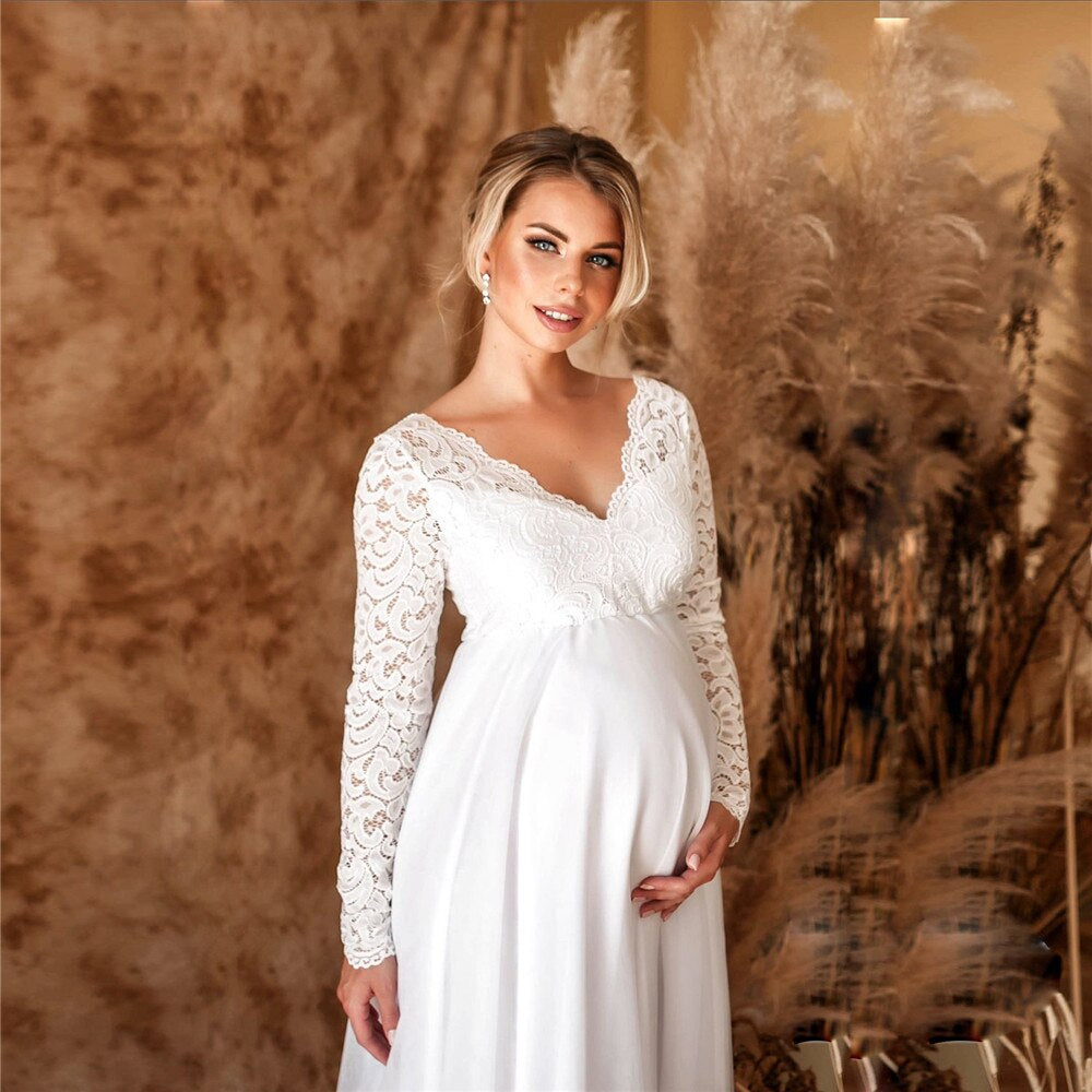 Elegancka Sukienka Ciążowa Maxi Na Wesele - Koronkowe Wykończenie, Idealna Dla Przyszłych Mam 3
