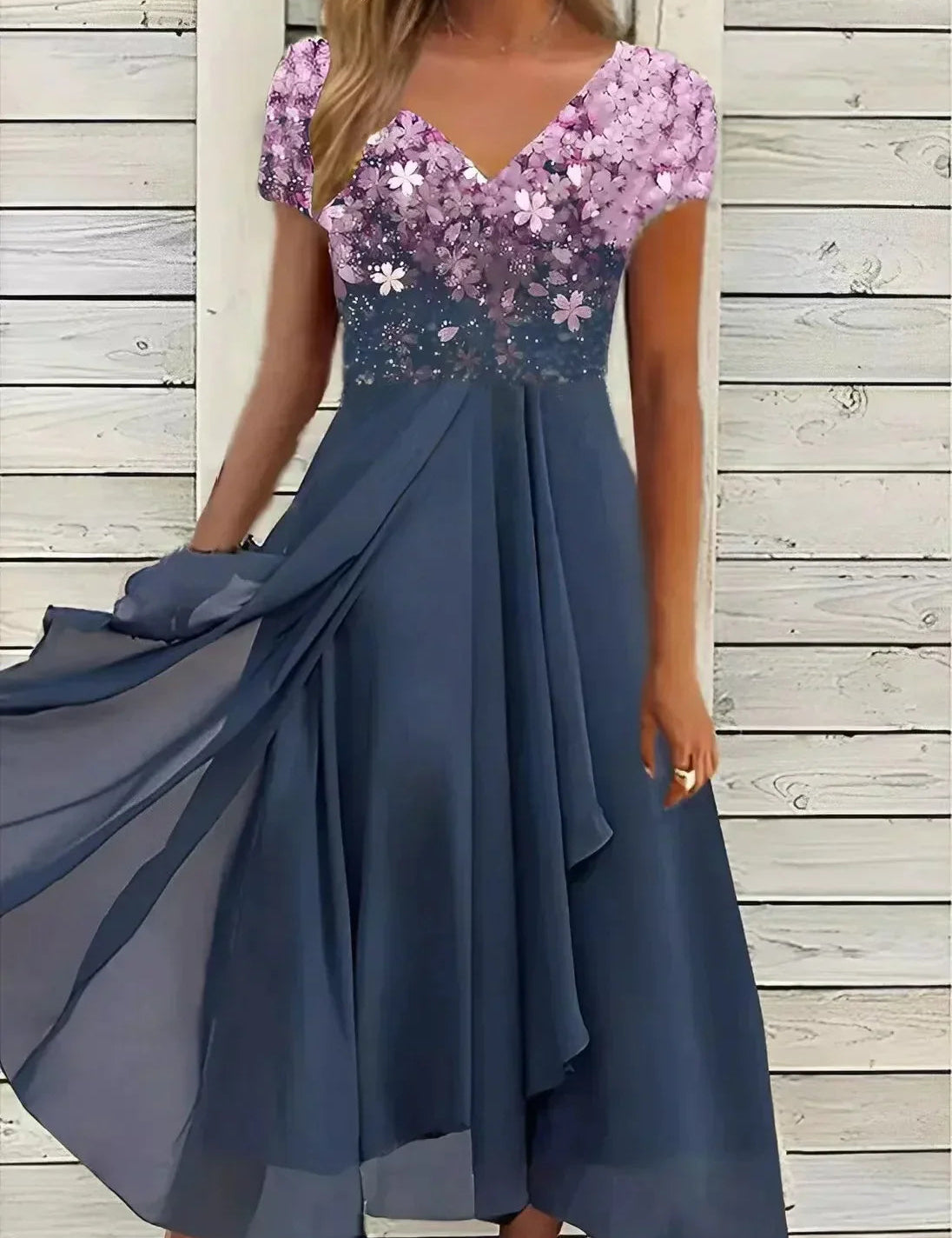 Elegancka Sukienka Koktajlowa Midi z Kwiatowym Topem i Zwiewną Spódnicą na Wesele 3
