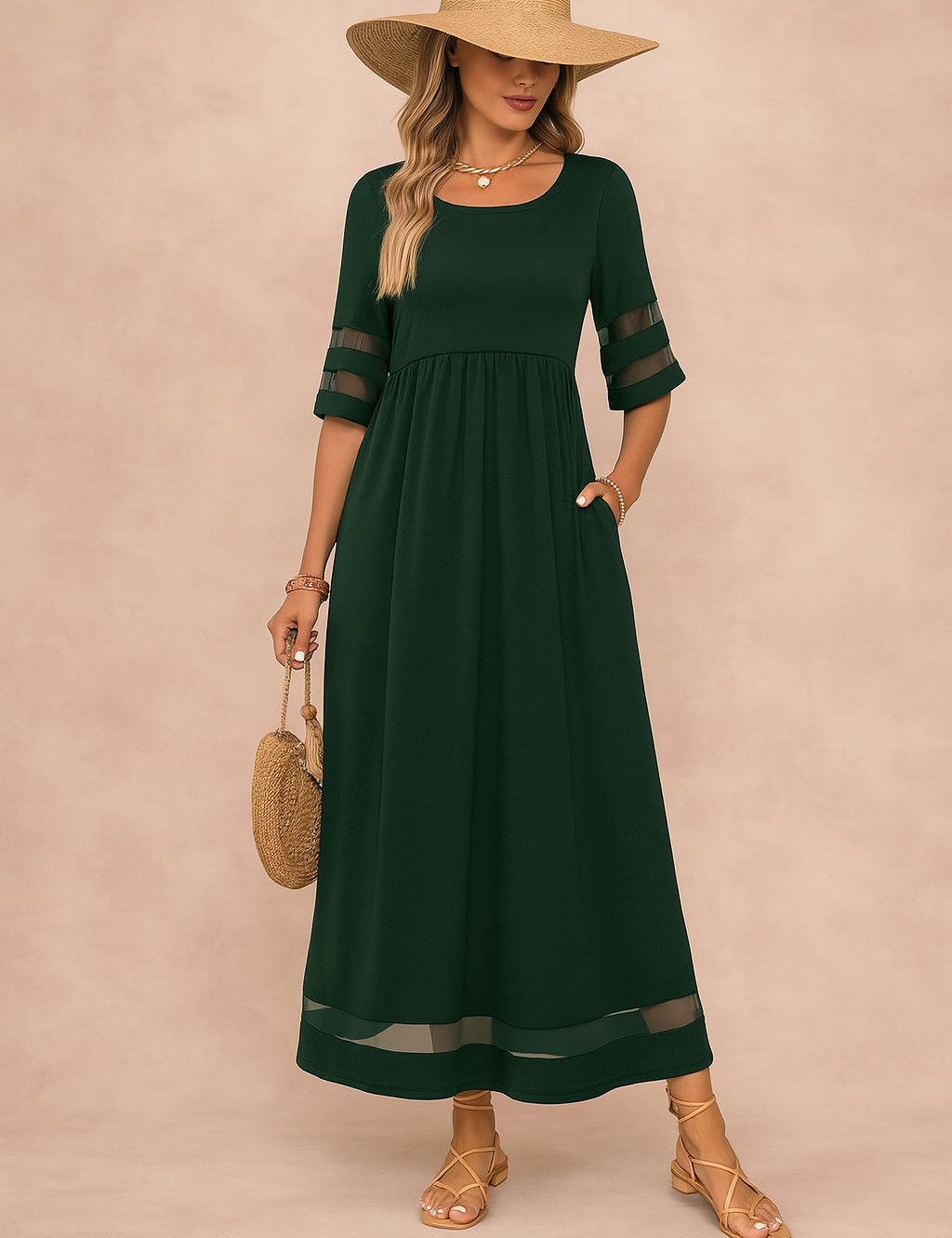 Elegancka sukienka maxi damska z kieszeniami, wysokiej jakości tkanina 3