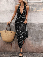 Elegancka sukienka maxi w groszki z dekoltem halter na lato 1