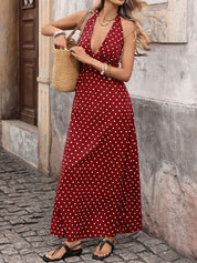 Elegancka sukienka maxi w groszki z dekoltem halter na lato 9