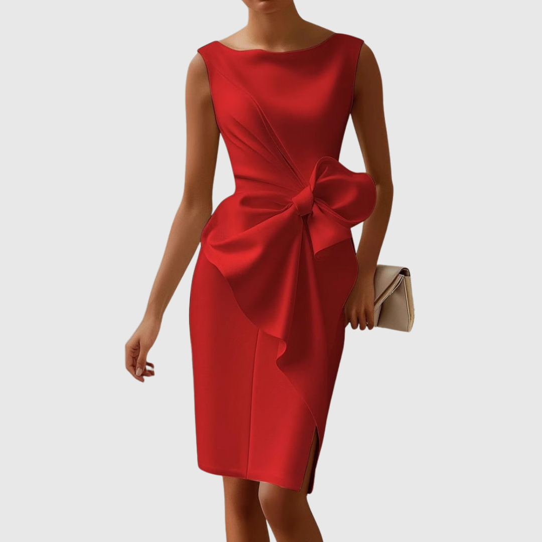 Elegancka sukienka midi bez rękawów z asymetrycznym drapowaniem 1