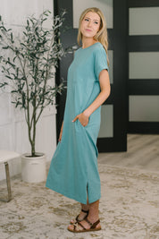 Elegancka sukienka midi z krótkim rękawem w kolorze brudnego turkusu dla kobiet 2