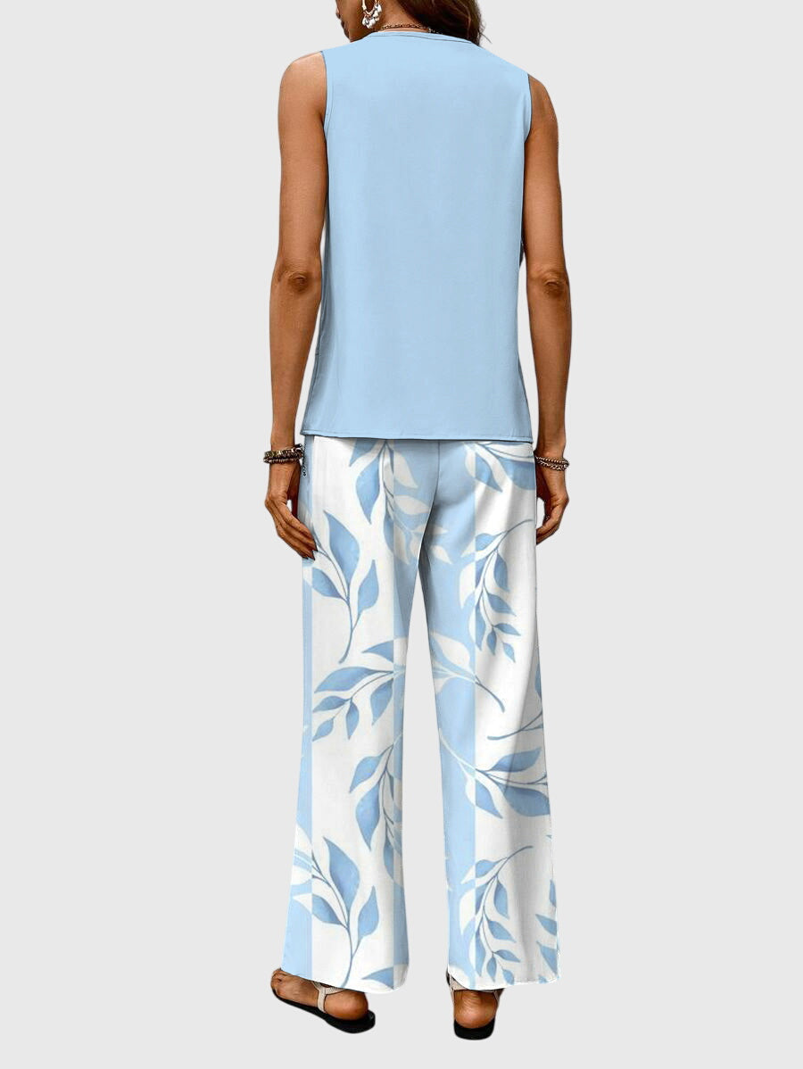 Elegancki Dwuczęściowy Zestaw Letni Z Kwadratowym Dekoltem I Nadrukiem Roślinnym Idealny Na Ciepłe Dni 2