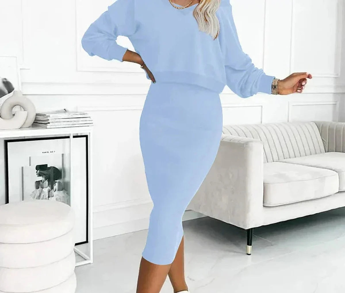 Nora | Damen Midikleid mit Sweatshirt-Oberteil figurbetontes Zweiteiler-Set 4