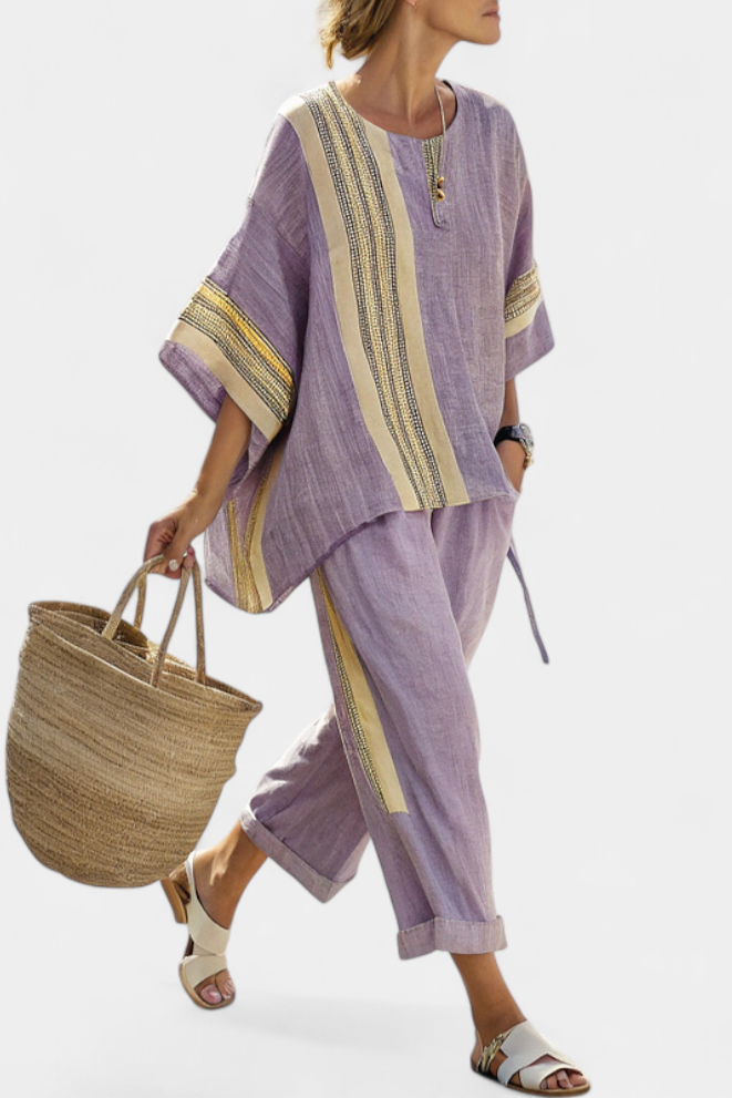 Stylowy Lawendowy Top Z Oversize'owym Krojem i Musztardowymi Spodniami w Paski dla Kobiet - Idealny na Letnie Dni 1