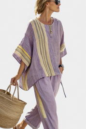 Stylowy Lawendowy Top Z Oversize'owym Krojem i Musztardowymi Spodniami w Paski dla Kobiet - Idealny na Letnie Dni 2