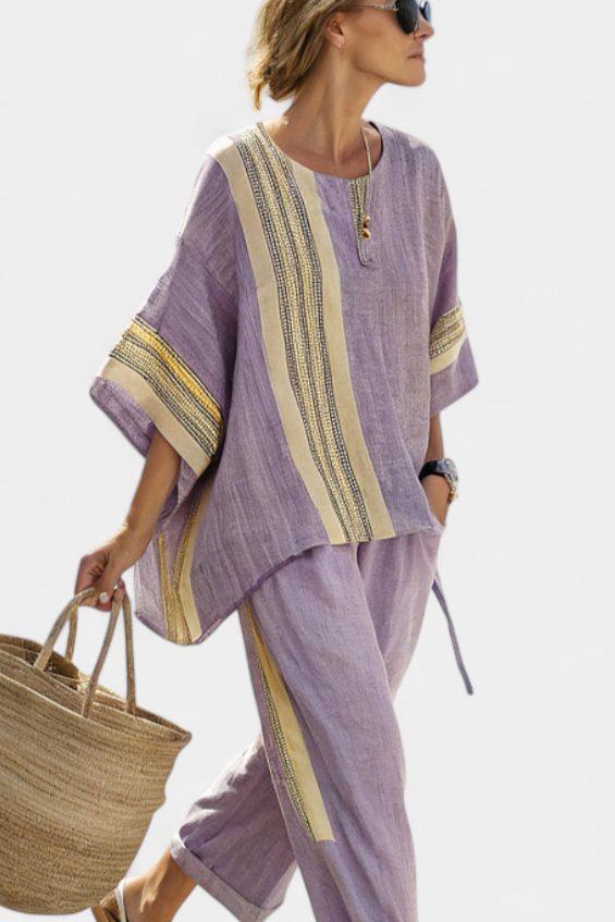 Stylowy Lawendowy Top Z Oversize'owym Krojem i Musztardowymi Spodniami w Paski dla Kobiet - Idealny na Letnie Dni 2