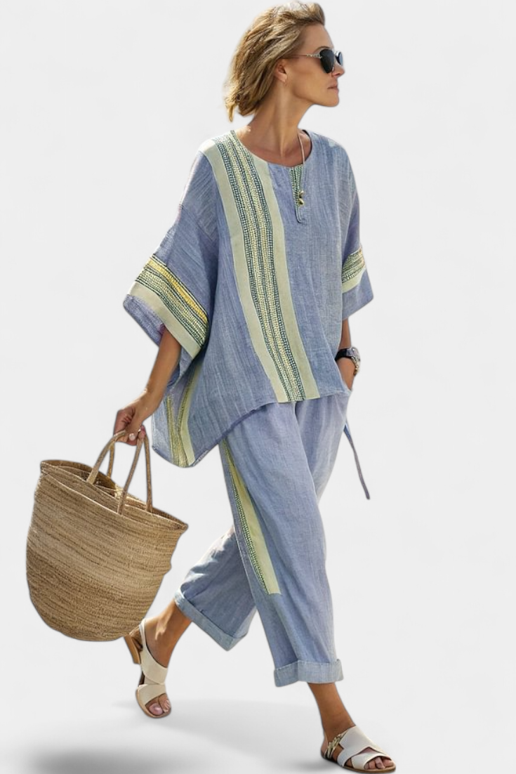 Stylowy Lawendowy Top Z Oversize'owym Krojem i Musztardowymi Spodniami w Paski dla Kobiet - Idealny na Letnie Dni 7