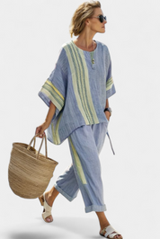 Stylowy Lawendowy Top Z Oversize'owym Krojem i Musztardowymi Spodniami w Paski dla Kobiet - Idealny na Letnie Dni 7
