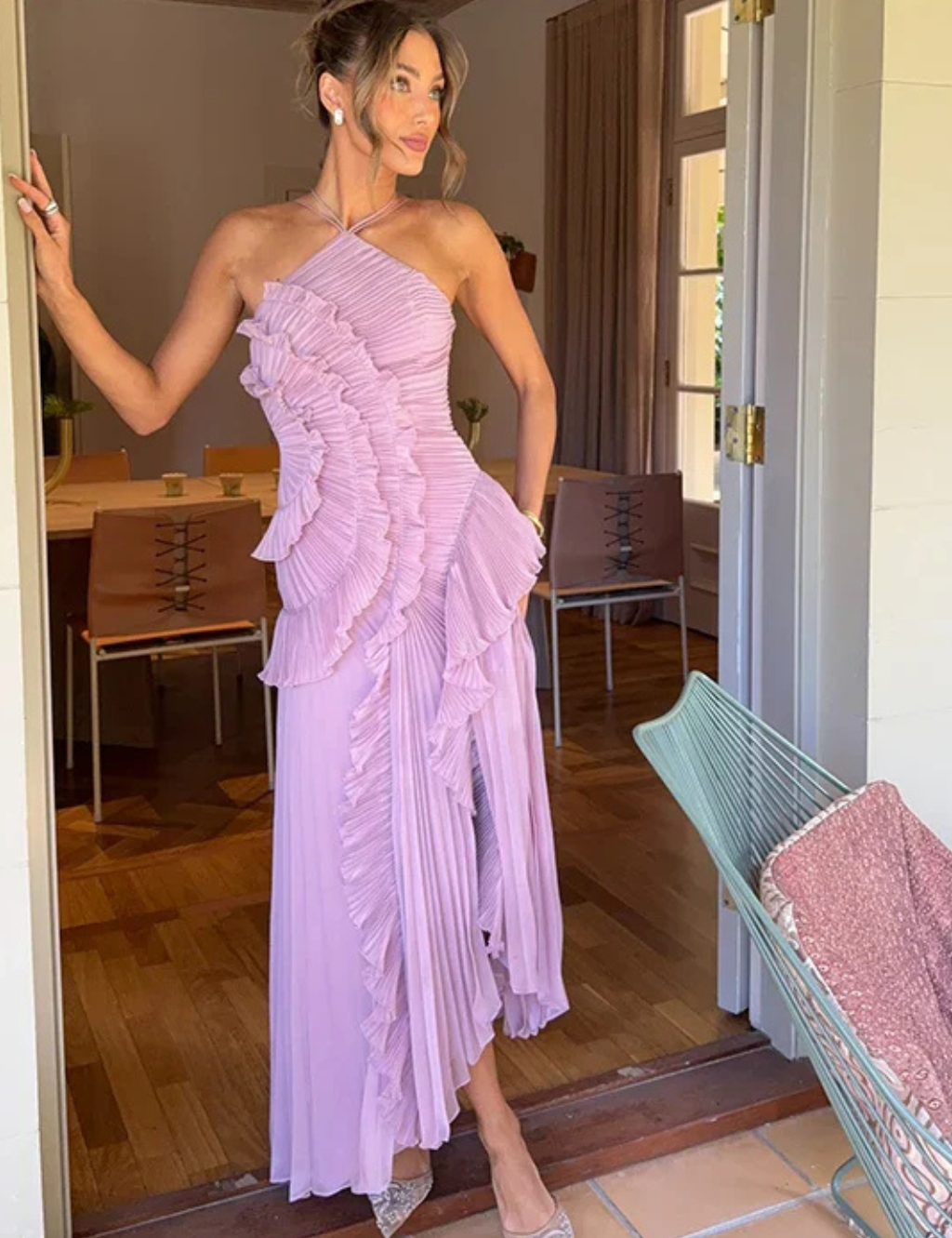 Sukienka Maxi Letnia Bez Rękawów Odkryte Plecy Elegancka na Wesele i Lato 4