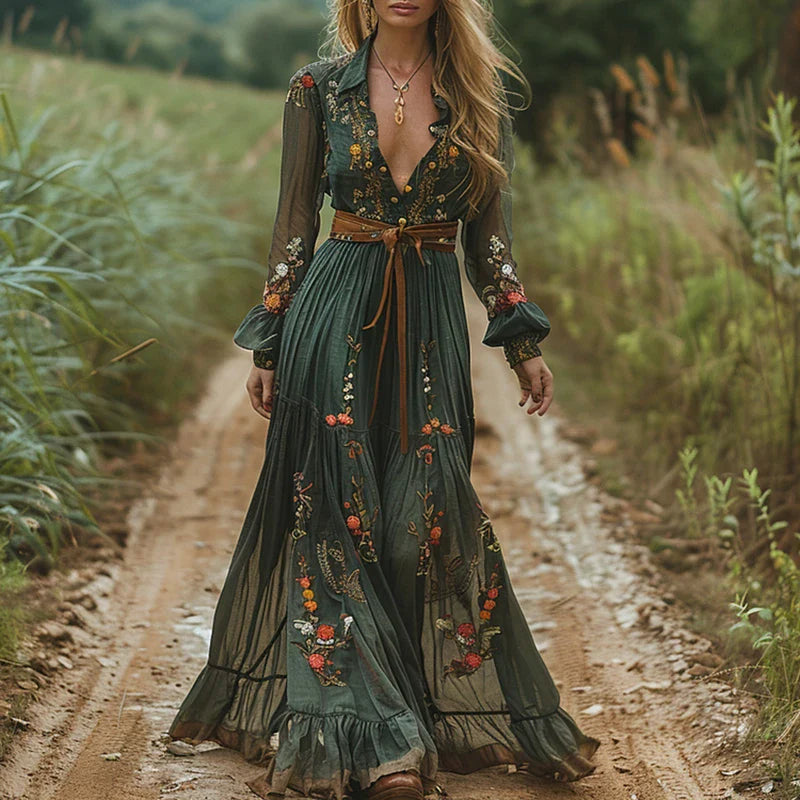 Sukienka Maxi w Stylu Boho z Kwiatowym Nadrukiem - Sukienka Letnia Maxi na Wesele i Eleganckie Okazje 0