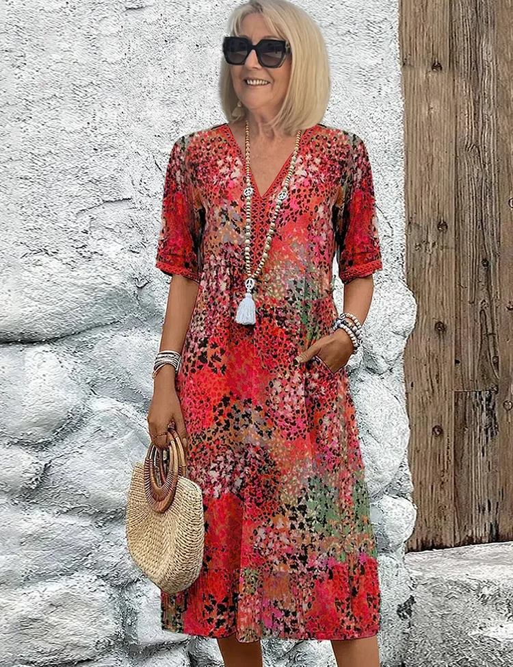 Sukienka Midi Elegancka Kolorowa - Idealna na Wesele i Koktajle, Stylowy Krój z Kieszeniami 0