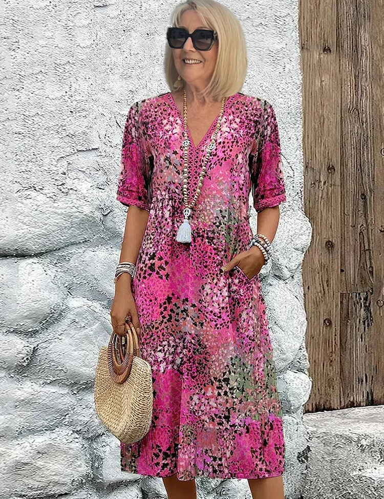 Sukienka Midi Elegancka Kolorowa - Idealna na Wesele i Koktajle, Stylowy Krój z Kieszeniami 2