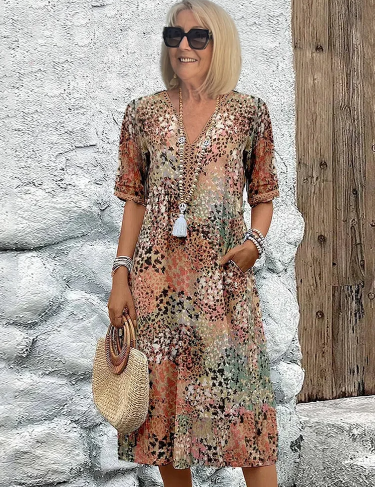 Sukienka Midi Elegancka Kolorowa - Idealna na Wesele i Koktajle, Stylowy Krój z Kieszeniami 4