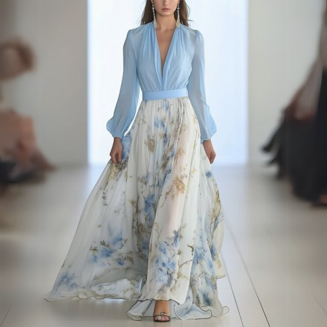 Sukienka maxi w kwiaty z dekoltem V dla kobiet - elegancki styl na lato 0