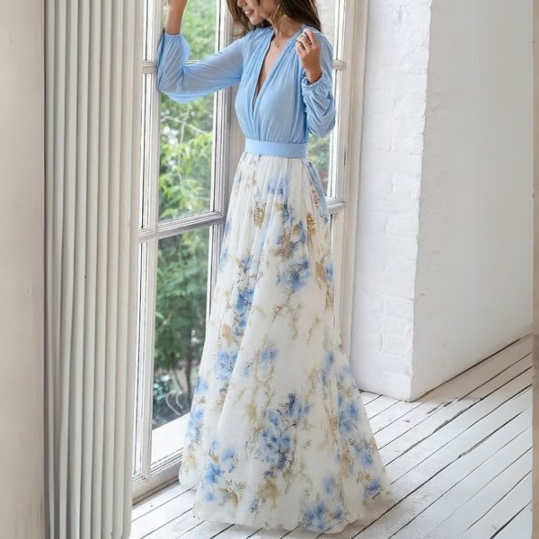 Sukienka maxi w kwiaty z dekoltem V dla kobiet - elegancki styl na lato 2